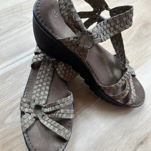 bernie mev. Metallic Bronze Woven Wedge Sandals